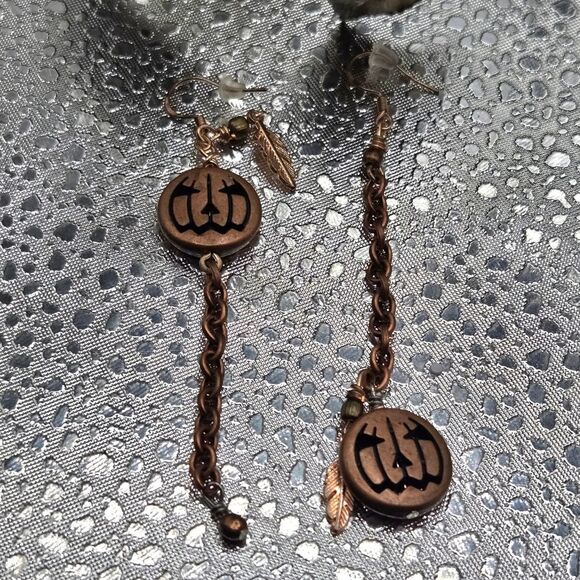 "5/$25" Handmade Pumpkin Jack-O-Lantern Copper Mismatched Earrings 925 Wires - Picture 3 of 6